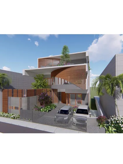 This render showcases a residence designed for lavish living on a large plot. The facade features sweeping curves and wooden screens, creating an iconic look that integrates the home with surrounding landscapes and water features.