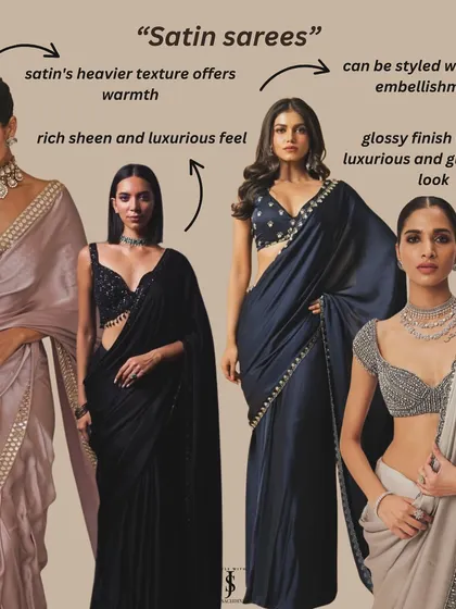 Satin sarees have a heavier texture that offers warmth, and their glossy finish adds a luxurious and glamorous look, perfect for an evening wedding event.