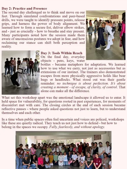 The second and third days of our workshop focus on advanced drills and using everyday objects for defense, as detailed in this newsletter feature. The final group photo shows the incredible energy and participation from the students.