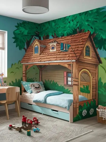 This cabin-style bed brings the outdoors inside. The design includes a cozy sleeping nook and under-bed drawers, combining imaginative play with practical storage solutions.