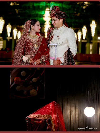 A collage blending a romantic couple portrait with an artistic shot of the bride's veil.