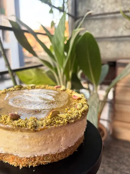 This is my signature Kunafa Cheesecake, combining the best of both worlds with a crunchy kunafa base and a creamy cheesecake top.