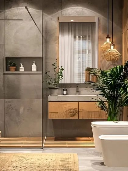 A bathroom design that brings the outdoors in with natural wood elements and indoor plants. The walk-in shower with a glass partition and the floating vanity make the space feel open and airy.