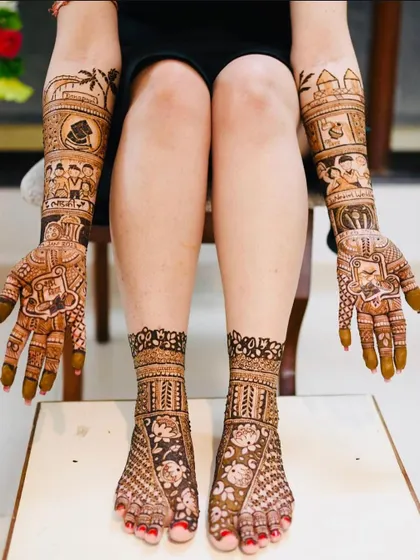 The complete bridal look for Neha, with her story told on her hands and complemented by beautiful patterns on her feet.
