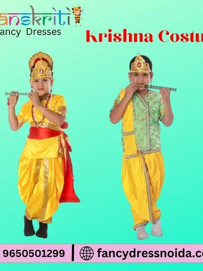 Two styles of our Krishna costume, featuring a yellow dhoti paired with either a red sash or a green embroidered top. This shows the different looks your child can have for their Janmashtami performance.