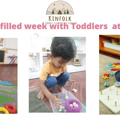 A variety of toddler activities are shown here, including stacking rings, working with a pegboard, and exploring a sensory bag with a bird's nest theme.