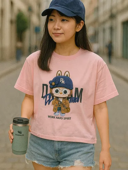 Add a pop of color with our pink Labubu graphic t-shirt. This version features the character in a cool, street-inspired outfit with the phrase "Work Hard Spirit," printed on a soft pink cotton tee.