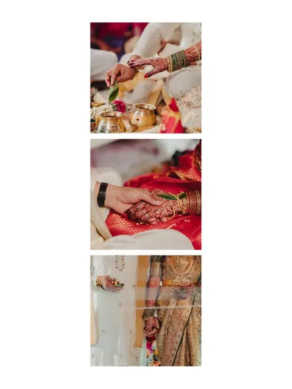 A collage of detail shots from a wedding ceremony, focusing on the hands and rituals that are central to the union.