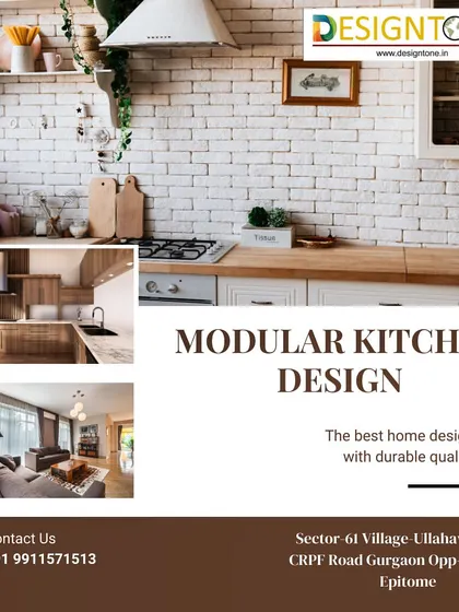 This graphic showcases our modular kitchen design services, featuring a rustic-chic kitchen with a brick-patterned wall. We promise the best home design with durable quality.