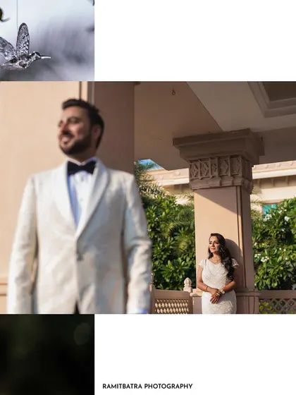 A creative collage with the groom in focus and the bride softly blurred in the background, surrounded by lush greenery.