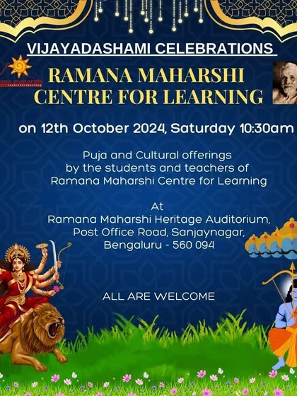 An invitation to our Vijayadashami celebrations at the Heritage Auditorium. The event features puja and cultural offerings by the students and teachers of the Centre, marking a new beginning for learning.