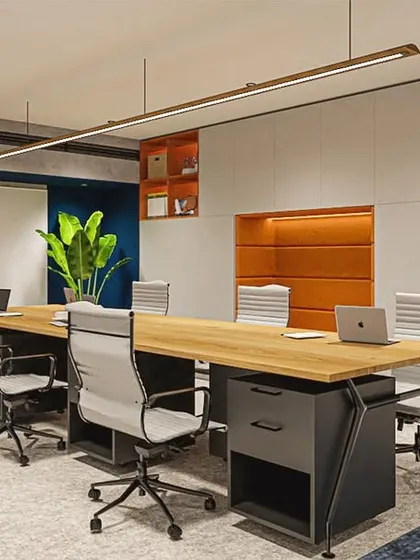 The meeting room concept for The Baker's Dozen. We used pops of the brand's signature orange within a clean, modern framework to create a space that is both professional and creative.
