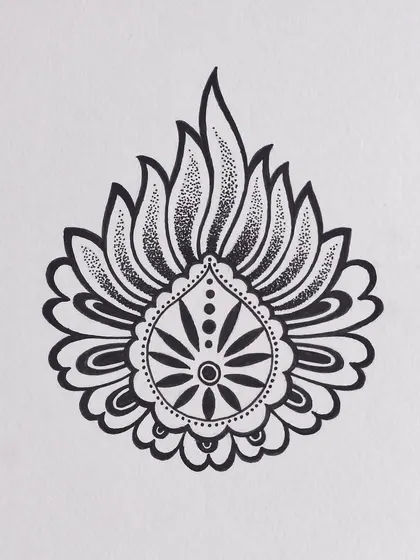 This flame-like motif was my fourth drawing for the Inktober challenge. I used a combination of solid lines and stippling to give the "flame" a textured, glowing effect.