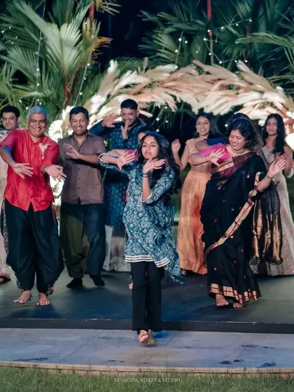 A moment of pure joy on the dance floor. We love seeing families come together to celebrate, and this Sangeet stage provided the perfect backdrop for their energetic and heartfelt performances.
