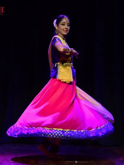 The swirl of a Kathak spin is pure magic. A student from our adult batch is captured mid-turn during her performance at Nritya Sanje.