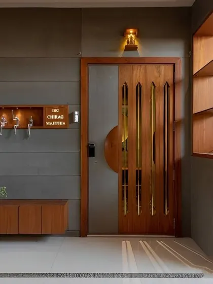 This modern entryway features a sleek wooden door with metal inlay, a floating shoe cabinet, and a small key holder shelf. The design is minimalist and highly functional.