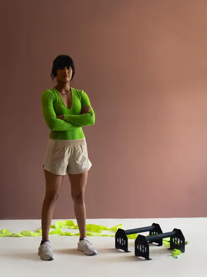 A powerful stance showcasing the athlete and the equipment. This type of shot is great for brand campaigns focused on performance.