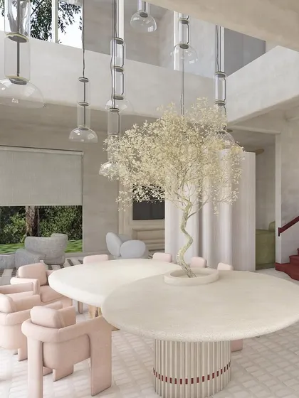 Another design board image for 'Steen House', showing a double-height dining area with a tree growing through the center of the table. This concept pushes the boundaries of integrating nature within the home.