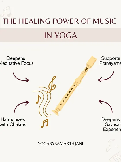 An infographic on the healing power of music in yoga. Music can deepen focus, support pranayama, and enhance the Savasana experience.