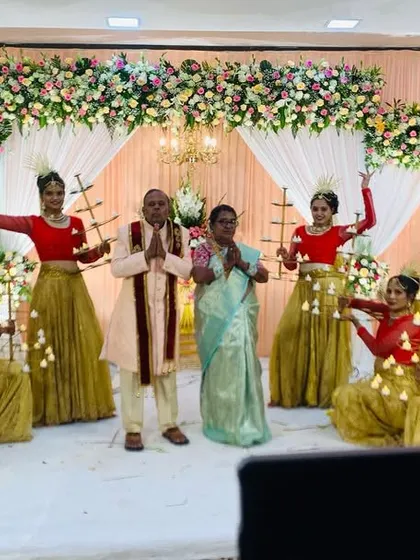 We also perform for special family milestones, like this Shashti Poorthi ceremony celebrating a couple's 60th anniversary. Our dancers add to the festive and blessed occasion.