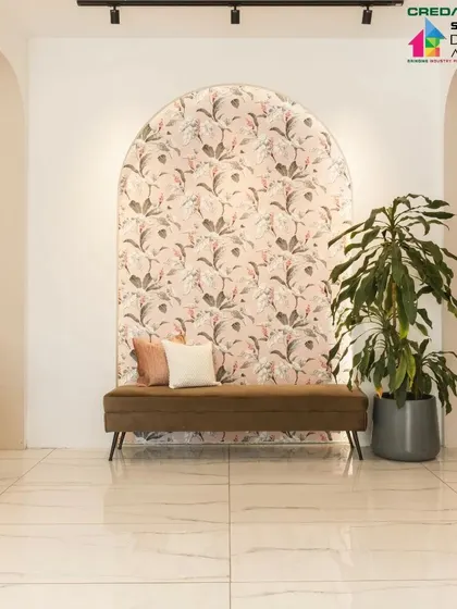 The waiting bench is positioned perfectly within the arched niche, creating a comfortable and aesthetically pleasing feature wall.