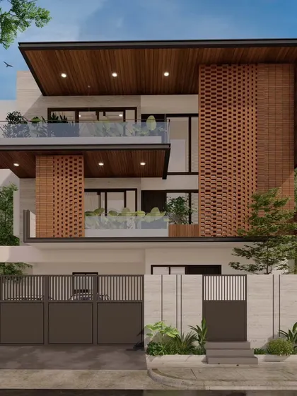 Our proposed elevation for the Ashok Residence. This design uses brick jali screens as a primary architectural feature, creating intricate patterns while providing shade and privacy.