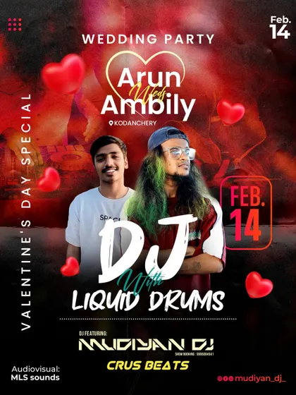 A special Valentine's Day poster for a wedding party featuring a DJ with Liquid Drums set.