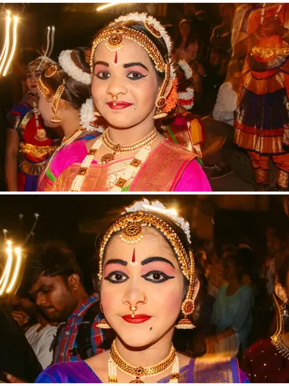 Portraits of young dancers in traditional attire, their expressive faces and beautiful costumes adding to the cultural richness of the Dev Deepawali event.