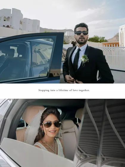 The bride and groom's stylish arrival for their church wedding, stepping into a lifetime of love together.