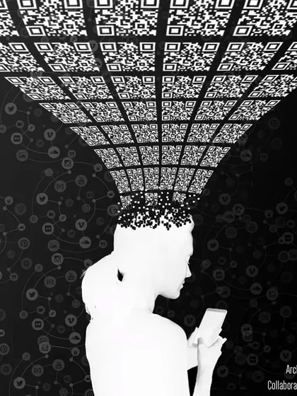 A graphic illustrating the concept behind 'Stradata'. It depicts the idea of a 'metaphoric collapse under the weight of information', with data flowing into the human mind, which the installation gives physical form to.