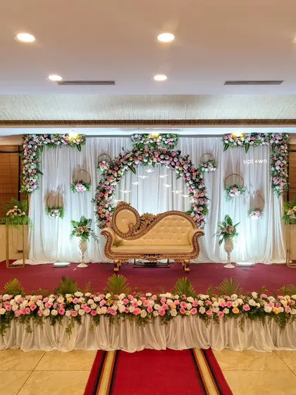 Another view of the pink and white floral stage.