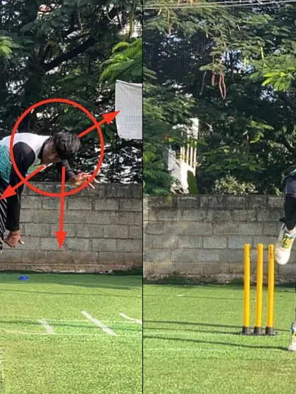 The head position and release point are crucial for an off spinner. This before and after shows how we correct a collapsed position to achieve a strong, upright release.