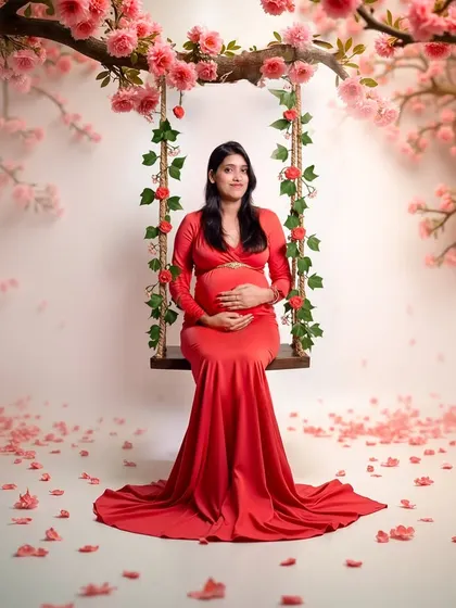 A serene portrait on a floral swing surrounded by falling cherry blossom petals. This setup creates a soft, romantic, and dreamy atmosphere.