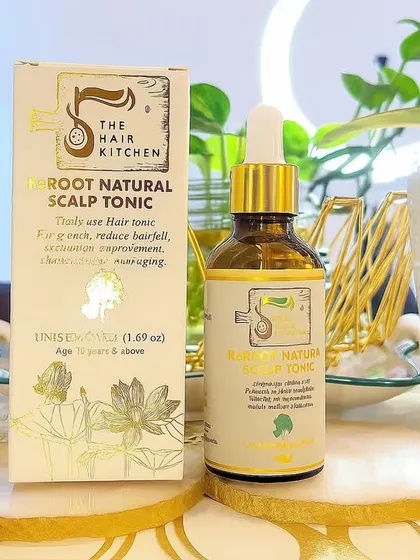 A detailed breakdown of the ReRoot Hair Scalp Tonic. This image explains the benefits of key ingredients like Biotin for strength, Fenugreek for protein, and Jatamansi for growth, highlighting its herbal, science-backed formula.
