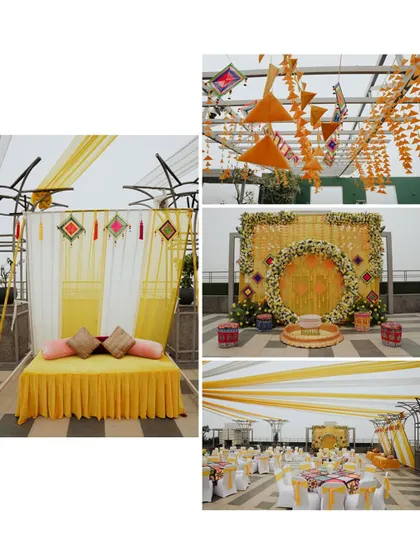 A collage of the Haldi decor. The bright yellow theme with marigolds and drapes creates a festive and traditional Indian wedding atmosphere.