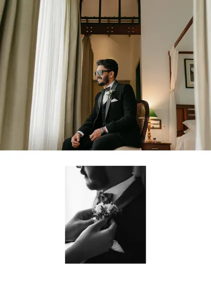 A collage of the groom getting ready. It shows him seated thoughtfully and a close-up of the boutonnière being pinned to his lapel, capturing the final touches.