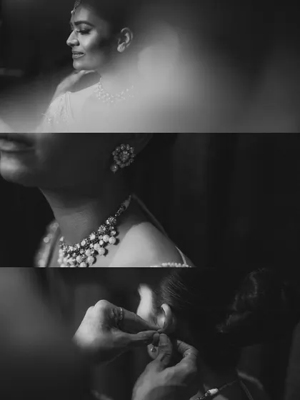 A black and white collage focusing on the bride's jewelry and the delicate moments of getting ready.