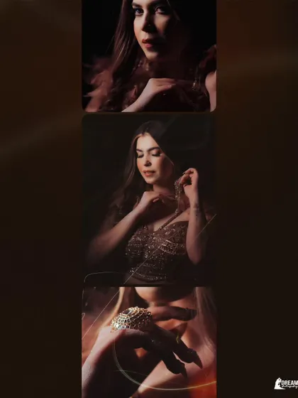 A triptych of bride Rachita's portraits, using dramatic lighting to create a moody and glamorous feel.