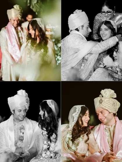 A collage of candid moments between the bride and groom during their ceremony, captured in both color and timeless black and white.