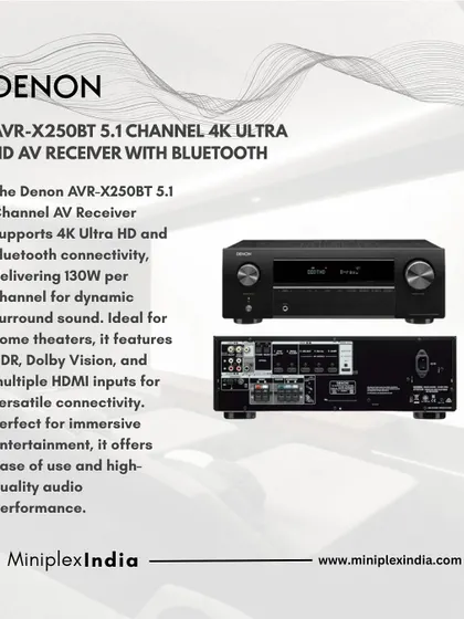 The Denon AVR-X250BT is a 5.1 channel AV receiver that supports 4K Ultra HD video and Bluetooth. It's a powerful and user-friendly core for an immersive surround sound setup.