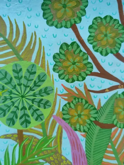 A detail from the upper portion of the tropical jungle painting. The stylized green trees and foliage are painted with unique patterns, adding a layer of imaginative detail to the artwork.