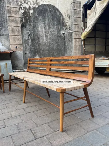 Another angle of the teak and woven bench, ready for delivery to a client in Bangalore.