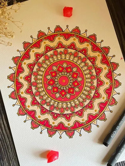 The second piece in my ornate series, this mandala uses a beautiful combination of reds and pinks. The patterns are intricate, but the process of coloring them is pure relaxation.