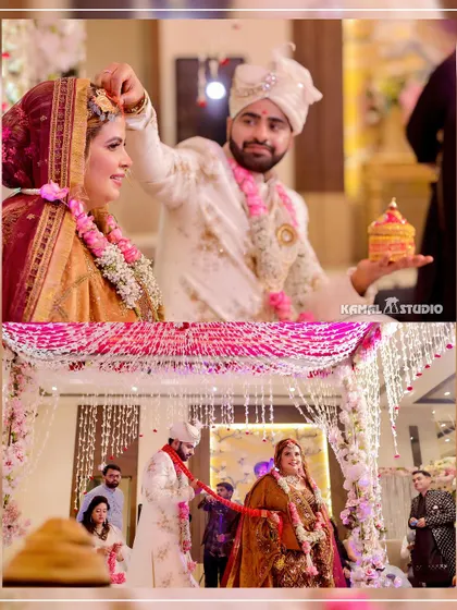A collage of the wedding rituals, including the sindoor ceremony and the tying of the nuptial knot.