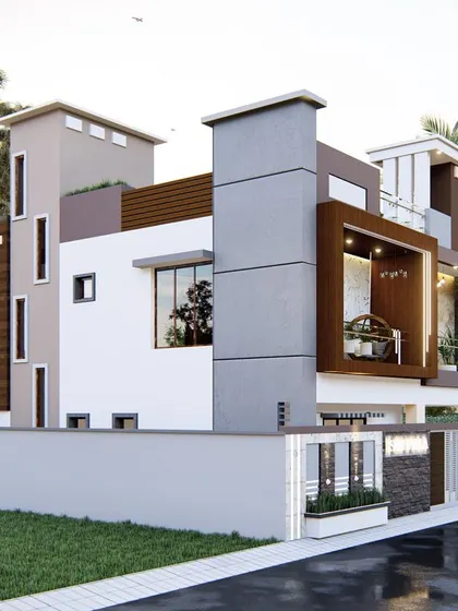 An identical side view of the contemporary villa, highlighting its complex geometry and modern aesthetic.