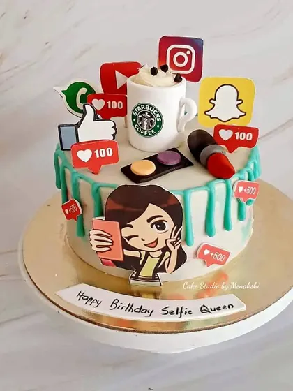 For a 'Selfie Queen' who loves social media. This cake is decorated with logos from Instagram and Snapchat, makeup, and a Starbucks coffee.