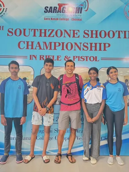 My team at the 15th Southzone Shooting Championship in Chennai. This photo was taken after a stellar performance where our shooters qualified for the National Championship, representing our hub with pride.