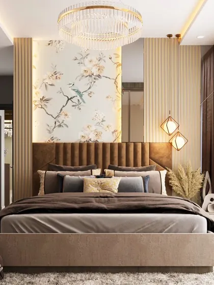 A tranquil bedroom featuring a delicate floral wallpaper as the accent wall. The vertically-paneled brown headboard and fluted wall details add texture and warmth, creating a sophisticated and restful environment.