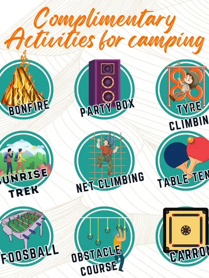 A visual guide to some of the complimentary activities included in our camping packages, such as bonfire, sunrise trek, obstacle courses, and various indoor and outdoor games.