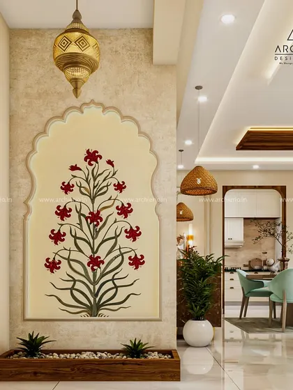 This beautiful wall art, framed by a traditional Indian arch, serves as a stunning focal point. It's a perfect example of how to integrate cultural art into a modern living space.